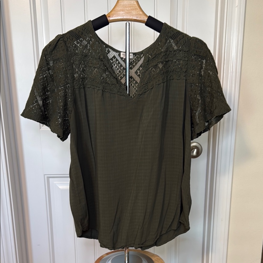 Olive Green Lace Detail Blouse | Flutter Sleeve Top | Size L